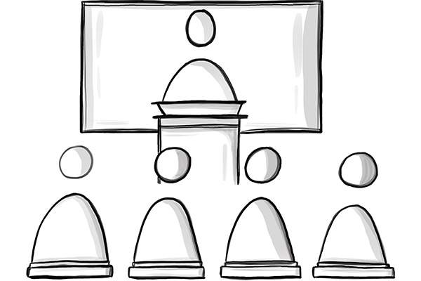 Gezeichnete Vortragsszene mit einem Redner und vier Zuhörenden