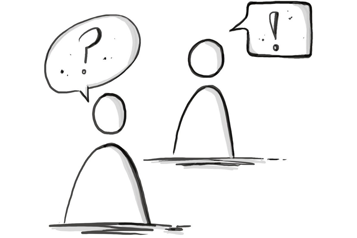 Zwei Personen mit Sprechblasen, eine mit Fragezeichen, eine mit Ausrufezeichen